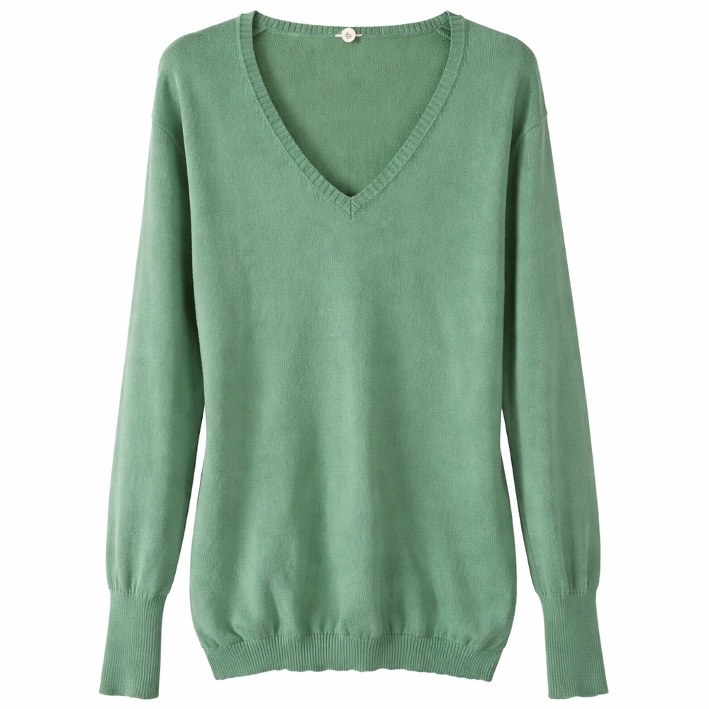 Benetton Pima Cotton Green V-Neck Pullover Sweater Women Long Sleeve Knit